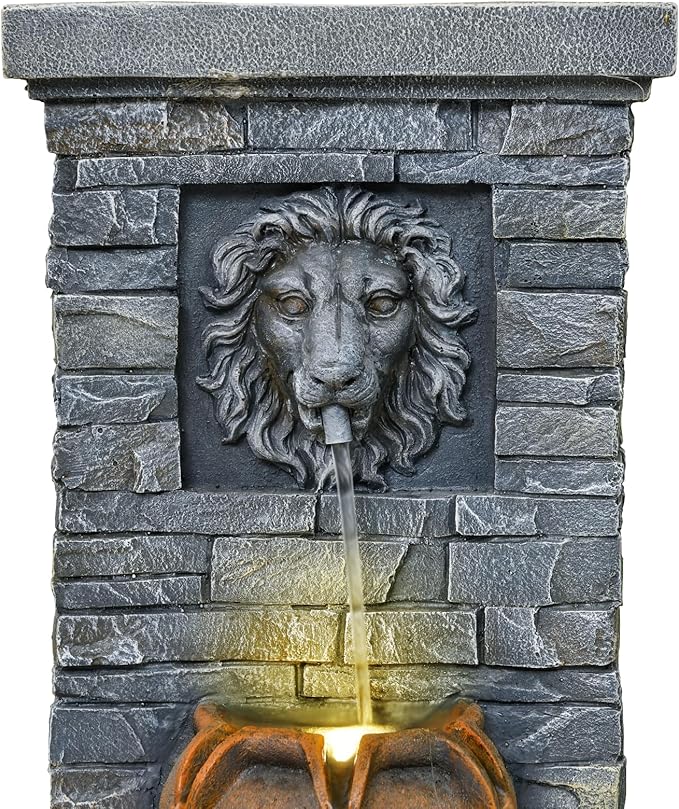 32.28'' Outdoor Garden Floor-Standing Water Fountain Lion Head Stone with Lights Outdoor Waterfall for Patio, Backyard, Deck, Porch and Home Art Decor