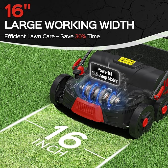 16-Inch 15.5 Amp 2-in-1 Electric Dethatcher and Scarifier with 14.5-Gallon Collection Bag, Lawn Dethatcher with 5-Position Adjustment, Quick-Fold, Keeps Lawn Healthy - Red