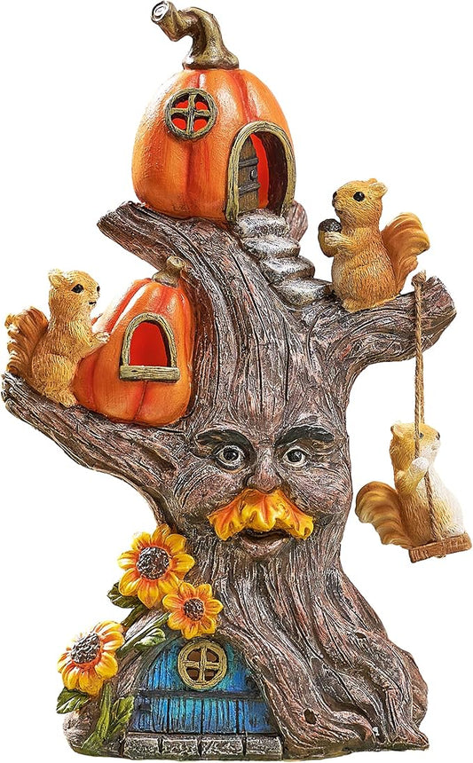 TERESA'S COLLECTIONS Fall Decor, Pumpkin Decor, Tree Spirit and Squirrels Pumpkin House with Solar Lights, Outdoor Fall Decor Waterproof Resin, Fall Gift Outdoor/Indoor,11"