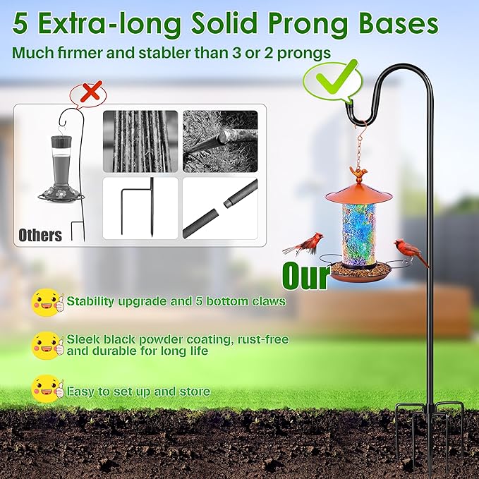 XDW-GIFTS Bird Feeder Pole for Outdoor, 92 Inch Shepherds Hooks Heavy Duty Garden Pole for Hanging Plant Basket, Solar Light Lanterns, Garden Plant Hanger Stands with 5 Base Prongs