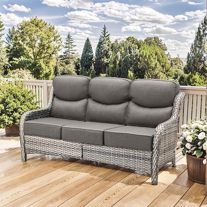 HUMMUH 6 inch Thick Cushion Wicker Patio Furniture Set with Outdoor Swivel Rocker Patio Chairs,High Back Outdoor Couch and Coffee Table for Porch Garden Deck