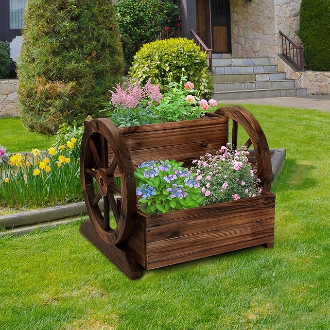 Wooden Wagon Planter Box, Garden Planter with Wheels,Decorative Planter for Flowers Herbs Vegetables for Indoor & Outdoor Décor, Flower Cart for Patio Garden Balcony