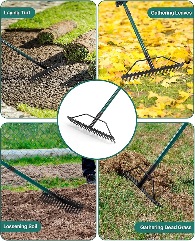 Garden Rake, 17'' Thatch Rake Heavy Duty with 63'' Long Back-Saving Adjustable Handle, Heavy Duty Metal Garden Tool for Loosening Leveling Soil, Gathering Leaves Grass, Weeding