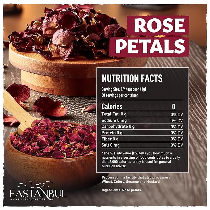 Eastanbul Dried Rose Petals, 2.1oz, Premium Edible Rose Petals, Dried Flower for Herbal Tea, Decoration, Sprinkles, Dessert Topping, From Mediterranean Flowers, Natural, Vegan, Gluten Free, Non GMO