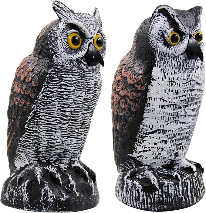 Hausse 2 Pack Fake Horned Owl Bird Scarecrow Decoy, Plastic Deterrents, Halloween Decoration, Nature Enemy Pest Repellent for Outdoor Garden Yard