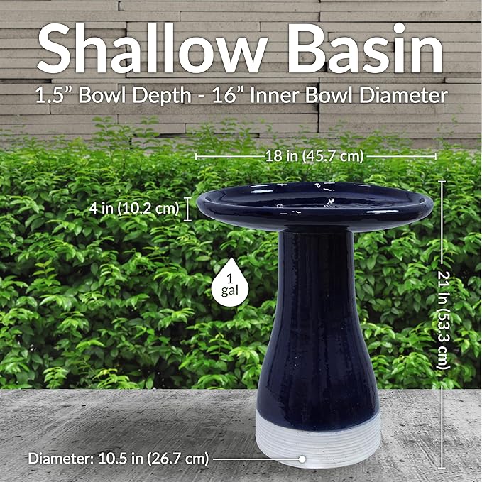 Sunnydaze 21" H Ceramic Bird Bath for Outside - Hand-Painted Outdoor Bird Bath Bowl, UV/Frost-Resistant Finish - Midnight Blue - Ribbed Pedestal