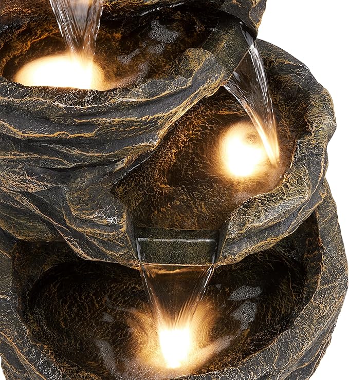 Alpine Corporation GIL110 Outdoor 5 Tiered Natural Look Rock Water Floor Fountain with Replaceable Lights,39" H, Brown