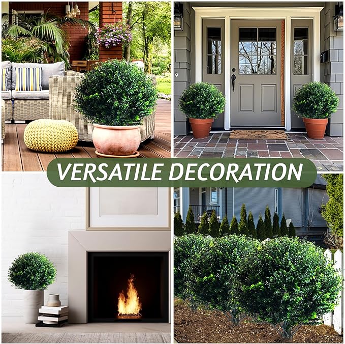 Yunlly 2 Pcs 18 Inch Artificial Boxwood Ball Topiary Tree Fake Outdoor Plants Bush, UV Resistance Faux Shrubs with Spike Realistic Greenery Potted for Indoor Garden Yard Porch Patio Decor (Dark Green)