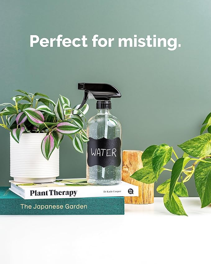 Vine Creations Glass Spray Bottles, 2 Pack Refillable Spray Bottles for Cleaning Solutions, Plant Misters, Clear Glass Spray Bottle for hair, 16 oz Mister Spray Bottle with Waterproof Labels