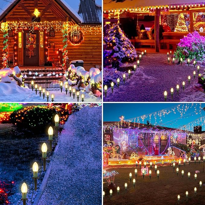 C9 Christmas String Lights for Pathway , 26FT LED 20 Clear Lights with 20 Stakes, Waterproof Shatterproof 2700K Warm White Linkable Walkway Lights for Outdoor Indoor Xmas Driveway Yard Garden Decor