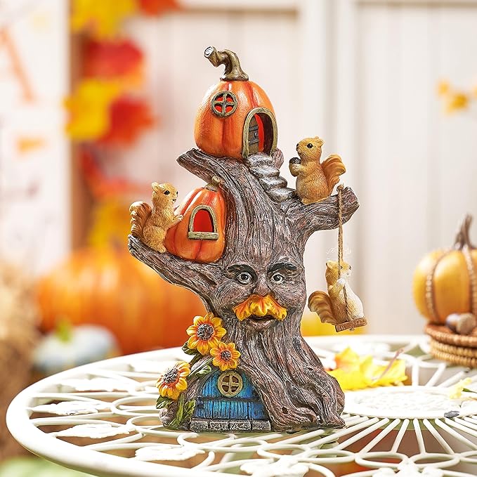 TERESA'S COLLECTIONS Fall Decor, Pumpkin Decor, Tree Spirit and Squirrels Pumpkin House with Solar Lights, Outdoor Fall Decor Waterproof Resin, Fall Gift Outdoor/Indoor,11"