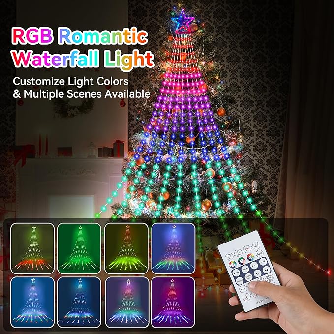 Christmas Decoration RGB String Lights, Outdoor Color Changing Christmas Lights 320 LED 16.4 Ft Star Tree Topper Fairy String Lights with 8 Light Modes for Christmas New Year Holiday Garden Yard