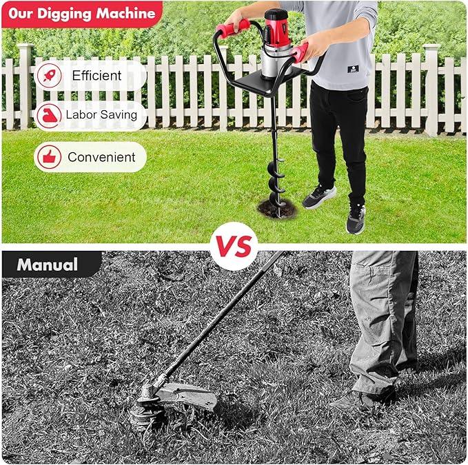 Post Hole Digger, 1500W Electric Post Hole Auger Earth Auger Digging Drill Digging Machine with 4" Digging Auger Bit and Extension Bar Set for Planting, Trenching in Garden