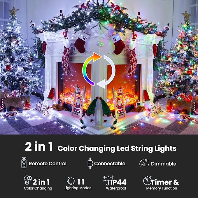Color Changing Christmas Lights, 175ft 500 LED White & Multicolor Christmas String Lights with Remote, 11 Modes Christmas Twinkle Lights Waterproof for Christmas Party, Garden, Xmas Tree Decorations