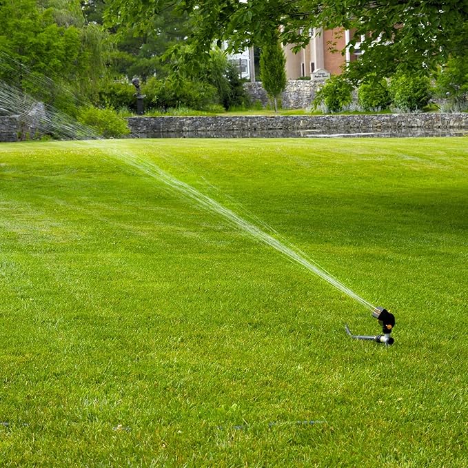 Melnor 65137AMZ MiniMax Turbo Oscillating Sprinkler on Step Spike, 4000 sq. ft., 4-Way Adjustable, Quick Connect Bundle, Yellow