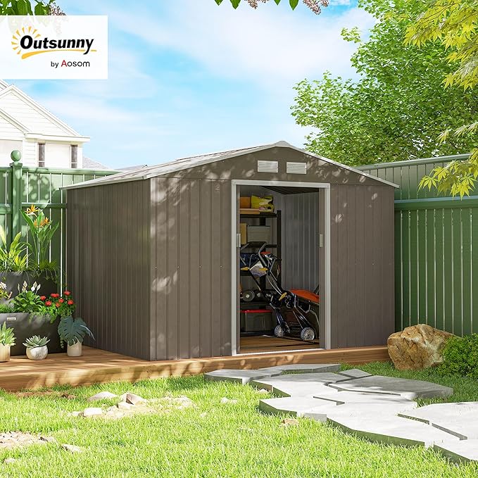 Outsunny 9' x 6' Outdoor Storage Shed, Garden Tool Metal Shed with Foundation Kit, Double Lockable Door, Air Vents and Sloping Roof, for Backyard, Patio, Lawn, Light Brown