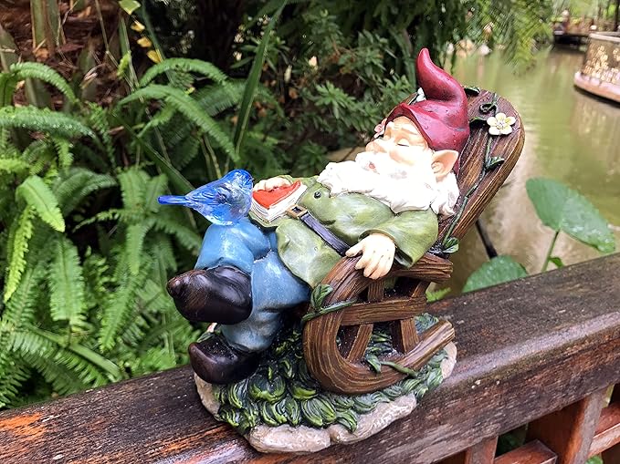 Solar Powered Gnome Sleeping in a Chair LED Garden Light Decor