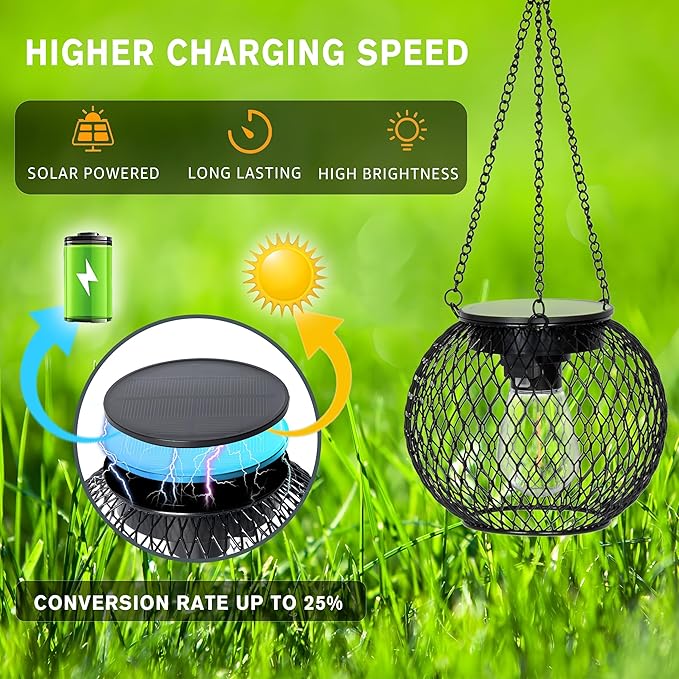 Solar Lanterns Outdoor, 4 Pack Brighter Metal Solar Hanging Lanterns, IP65 Waterproof Solar Lights Outdoor, Gardening Gifts & Decor for Garden Yard Patio Pathway