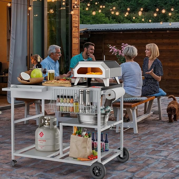 JY QAQA Outdoor Pizza Oven Stand with Condiment Shelf, Outdoor Cooking Cart, Grill Worktable for Patio, Food Prep Station Fits Ninja Woodfire Grill, Cuisinart Grill, Blackstone Griddle