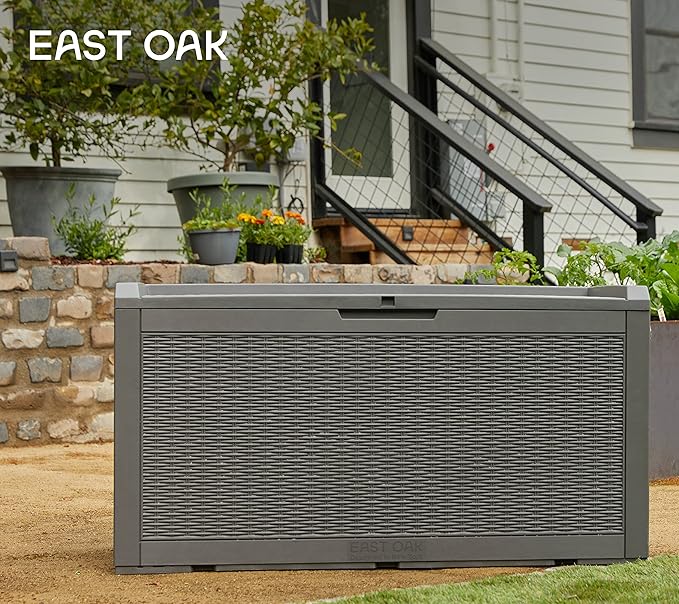 EAST OAK Outdoor Storage Box, 100 Gallon Deck Box, Waterproof Resin Storage Bench for Patio Cushions, Gardening Tools, Pool Accessories, Lockable, UV Resistant, Grey