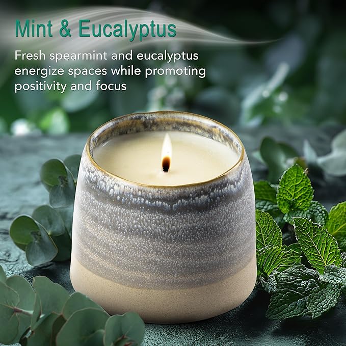 The Growing Candle, Mint & Eucalyptus Scented, 10oz Ceramic Pot, Aromatherapy Candles, 100% Soy, Greta