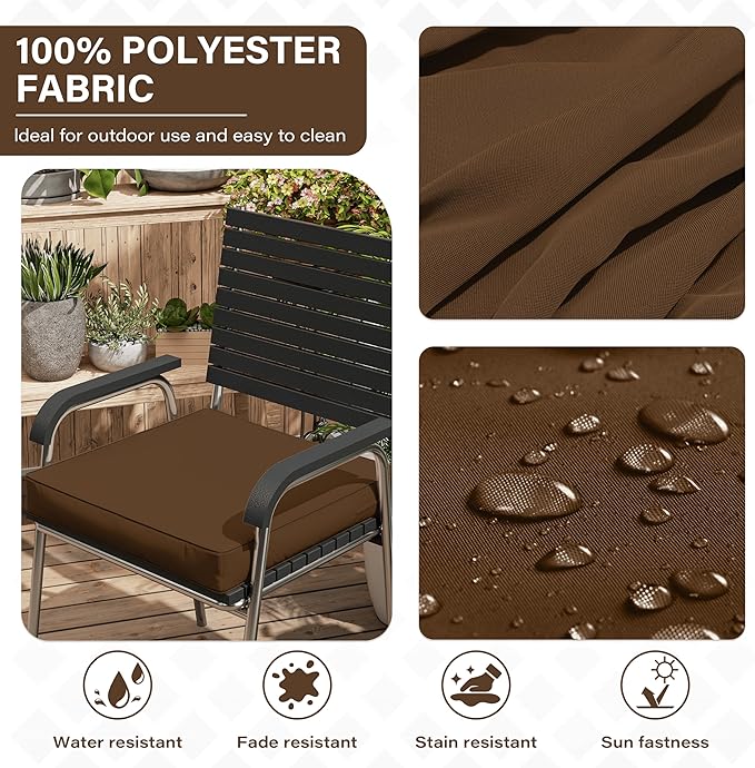 Patio Chair Cushions 17 X 16 X 3 Inch Waterproof Outdoor Seat Cushions for Patio Furniture, Outdoor Sofa Couch Pads with Ties & Handle, Set of 2, Chocolate