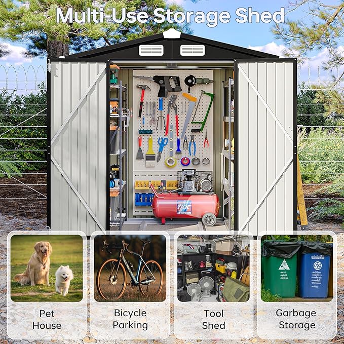 6x4 FT Outdoor Storage Shed with Base, Metal Garden Tool Shed with Sloping Roof & Lockable Door for Patio Lawn Backyard (Black with Base)