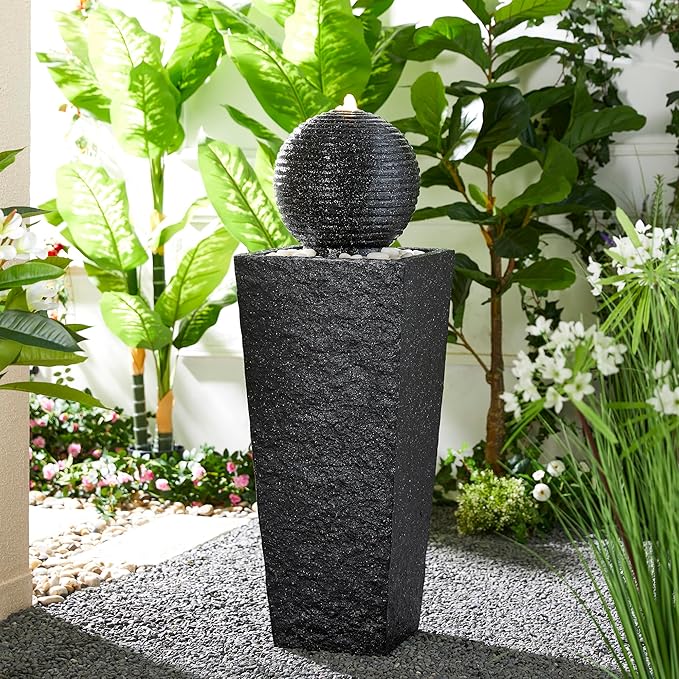 Glitzhome Outdoor Water Fountain with LED Light, Oversized Decorative Black Pedestal Water Fountains with Submersible Pump, Modern Sphere Floor Fountain with Pebbles for Garden Patio Decor, 40.75”H