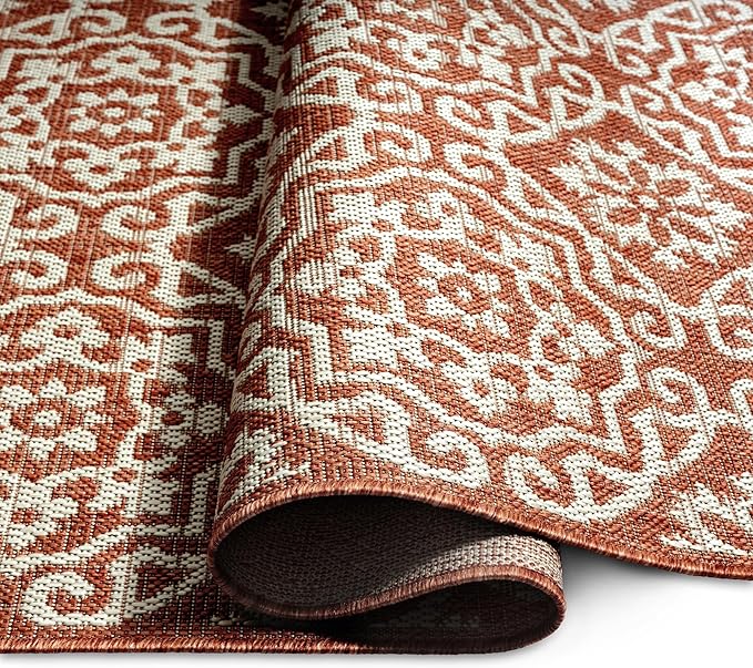 Nicole Miller New York Patio Country Julia Transitional Geometric Indoor/Outdoor Area Rug, Terracotta/Ivory, 7'9"x10'2"