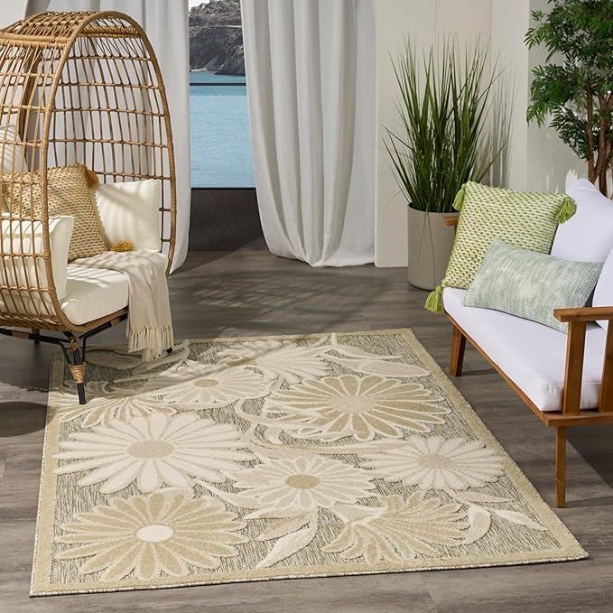 Nourison Aloha Ivory Sage 3'6" x 5'6" Area Rug - Easy Clean, Non Shedding, Bed Room, Living Room, Dining Room, Kitchen (4' x 6')