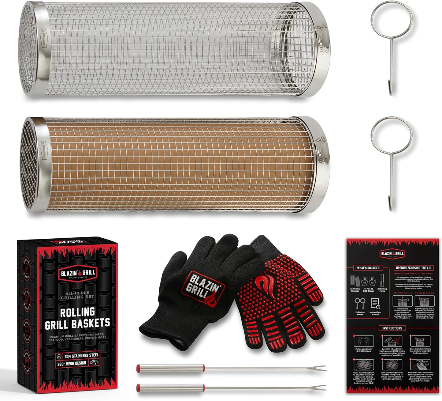 BLAZIN' GRILL Rolling Grill Basket | Rolling Grilling Baskets for Outdoor Grilling 2 Pcs | Barbecue Grill Set with BBQ Gloves | Portable Camping Net Rack Perfect for Vegetables, Seafood & Meat