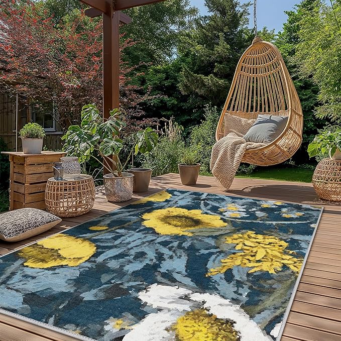 GENIMO Indoor Outdoor Area Rug 6' X 9' Waterproof, Washable Patio Rug Non Shedding, Easy Cleaning Floral Outdoor Carpet for Living Room, Bedroom, Dining Room, Balcony, Backyard, Deck, RV, Blue Yellow
