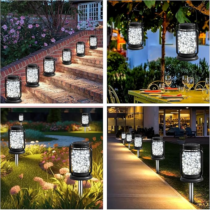 4 Pack Hanging Solar Lantern Lights, 30LED Vintage Glass Mason Jar Solar Fairy Lights Outdoor Decorative Waterproof Table Lamp with Stakes for Patio Yard Lawn Tree