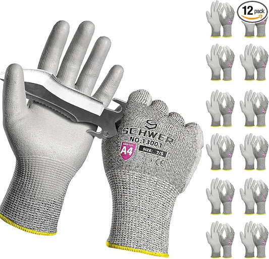 Schwer 12 Pairs ANSI A4 Cut Resistant Work Gloves, Cut Proof Gloves with PU Coating, Used for Metal Fabrication, WoodWorking, Construction, Non Slip, Durable, XS, CR13001