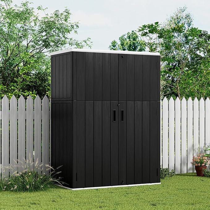 KINYING Outdoor Storage Shed,57 Cu.ft Vertical Outdoor Storage Cabinet Waterproof, Outdoor Resin Tool Shed for Patio Furniture, Garden Tools, Pool Accessories, Lawn Mower(Black Color)
