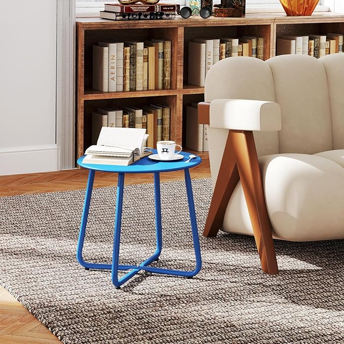 HollyHOME Round Metal Side Table, Rust-Resistant Patio Small Plant Stand, Outdoor 17.32'' Portable End Table for Balconies, Gardens, Living Rooms and Bedrooms, SkyBlue