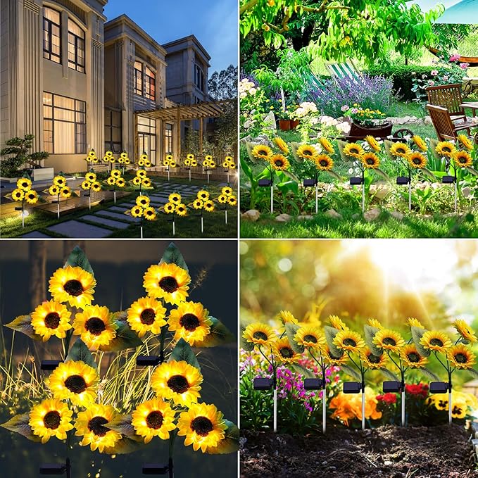 Solar Garden Lights, 4 Pack Sunflower Outdoor Lights Solar Flower Lights for Outside with 12 Larger Sunflower Gardening Gift for Mom Women Decorative Lights for Garden Decor Yard Patio Lawn Pathway