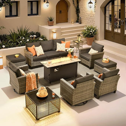 ovios 10 Pieces Patio Furniture Set with Swivel Chairs Rocking Gliders, 54" Fire Pit Table, Outdoor Sofa Couch with Solar Lights Table, Modern Deep Seat Wicker Rattan Conversation Set, Black