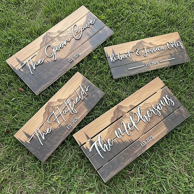 Custom Mountain Family Name Sign - Rustic Wood Wall Decor, Personalized Wedding & Gift for Anniversary Couples, Housewarming Gift for New Home