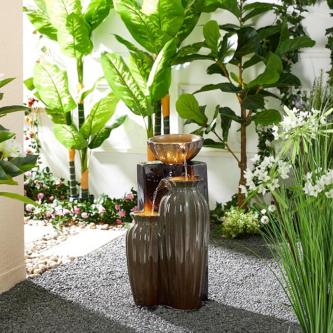 Glitzhome 26.75" H Ceramic Outdoor Water Fountain with LED Lights and Pump, Two Tone Olive Green and Brown Reactive Fluted Texture Cascading Waterfall Floor Standing Fountain for Porch Garden Patio