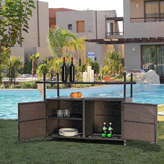 Wicker Outdoor Bar Cart - Brown Patio Console Storage Table Buffet Cabinet Serving Kitchen Cart with Wheels for Outside Backyard