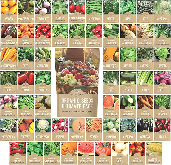 Organic Seeds Ultimate Variety Pack - 60 Individual Packs - 2025 Season - Geonvese Basil, Nantes Carrot, Roquette Arugula and More! for Indoor & Outdoor Planting (Non-GMO, Certified Organic)