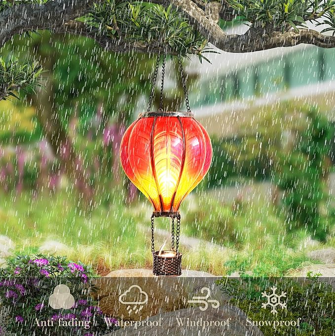 TERESA'S COLLECTIONS Hot Air Balloon Solar Lantern for Garden Decor ,Flickering Flame Hanging Solar Light for Outdoor ,Red Plastic Lamp for Yard Tree Gift for Mom