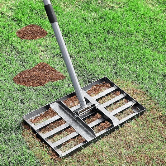 Lawn Leveling Rake, Lawn Leveler with Stainless Steel Long Handle, Heavy Duty Yard Level Tool for Leveling Soil, Sand Or Dirt Surfaces, Gardening Gloves Gift Included (17x10in)