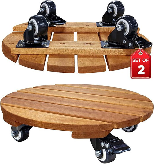 Idzo 2-Pack 14 Inch Acacia Wood Rolling Round Plant Caddy, Plant Caster for Heavy Duty Plant Stand with 360° Lockable Wheels, 264 lbs Capacity Caddy for Indoor and Outdoor Use, Natural Wood