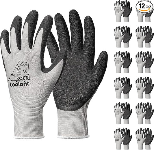 toolant Crinkle Latex Work Gloves Bulk, Rubber Coated Safety Work Gloves for Men and Women, 12 Pairs for Construction, Gardening, Warehouse (Gray, XXL)