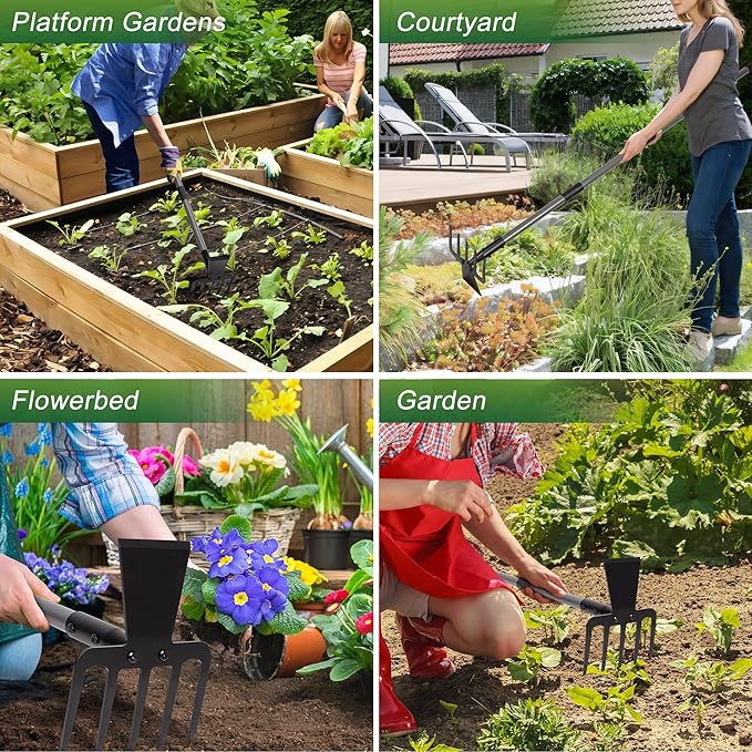 Walensee 2 in 1 Hoe Garden Tool, 63 Inch Garden Hoe Cultivator and 5-Tines Rake with 37-63 Inch Adjustable Long Handle, Weeding Tools Hand Tiller for Yard Lawn Flower Beds Planting Gardening Digging