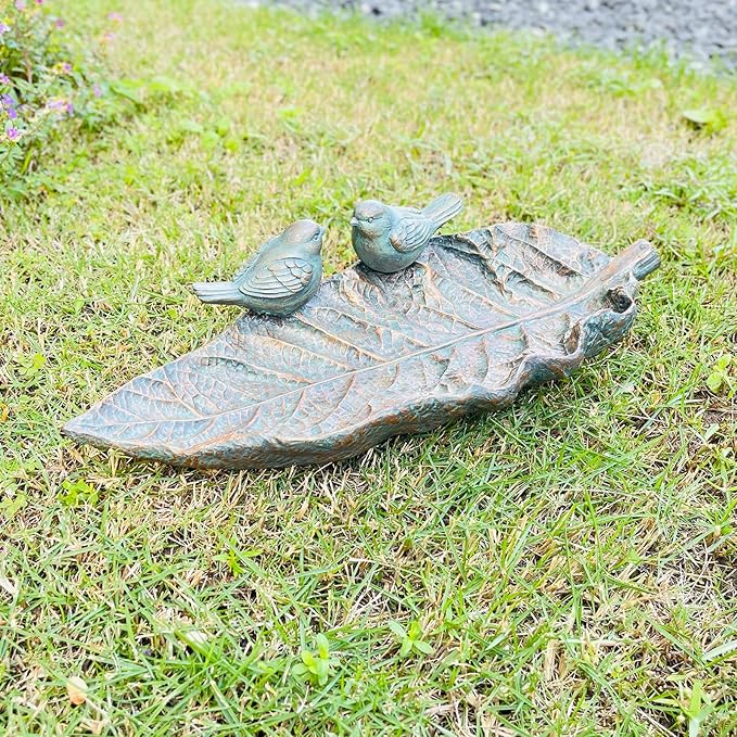 Outdoor Garden Bird Bath Sculpture, Polyresin on Leaf Bird Feeder, Garden Patio Deck Ground Gifts for The Family
