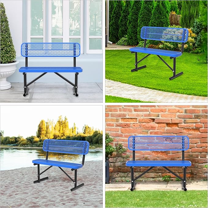 Heavy Duty Park Bench with Back Portable Frame, Outdoor Steel Bench with Backrest, Outdoor Park Bench Expanded Metal Mesh Bench for Lawn, Park, Deck, Garden, Patio, Porch, Black (Blue, 4FT)