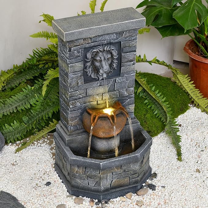 26'' Outdoor Garden Floor-Standing Water Fountain Lion Head Stone with Lights Outdoor Waterfall for Patio, Backyard, Deck, Porch and Home Art Decor